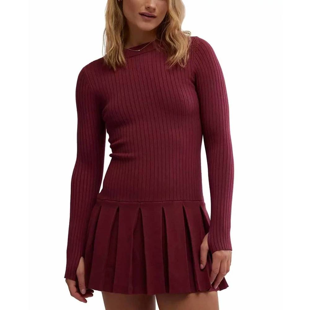 Free People Emmy Ribbed Burgundy Mini Sweater Dress
